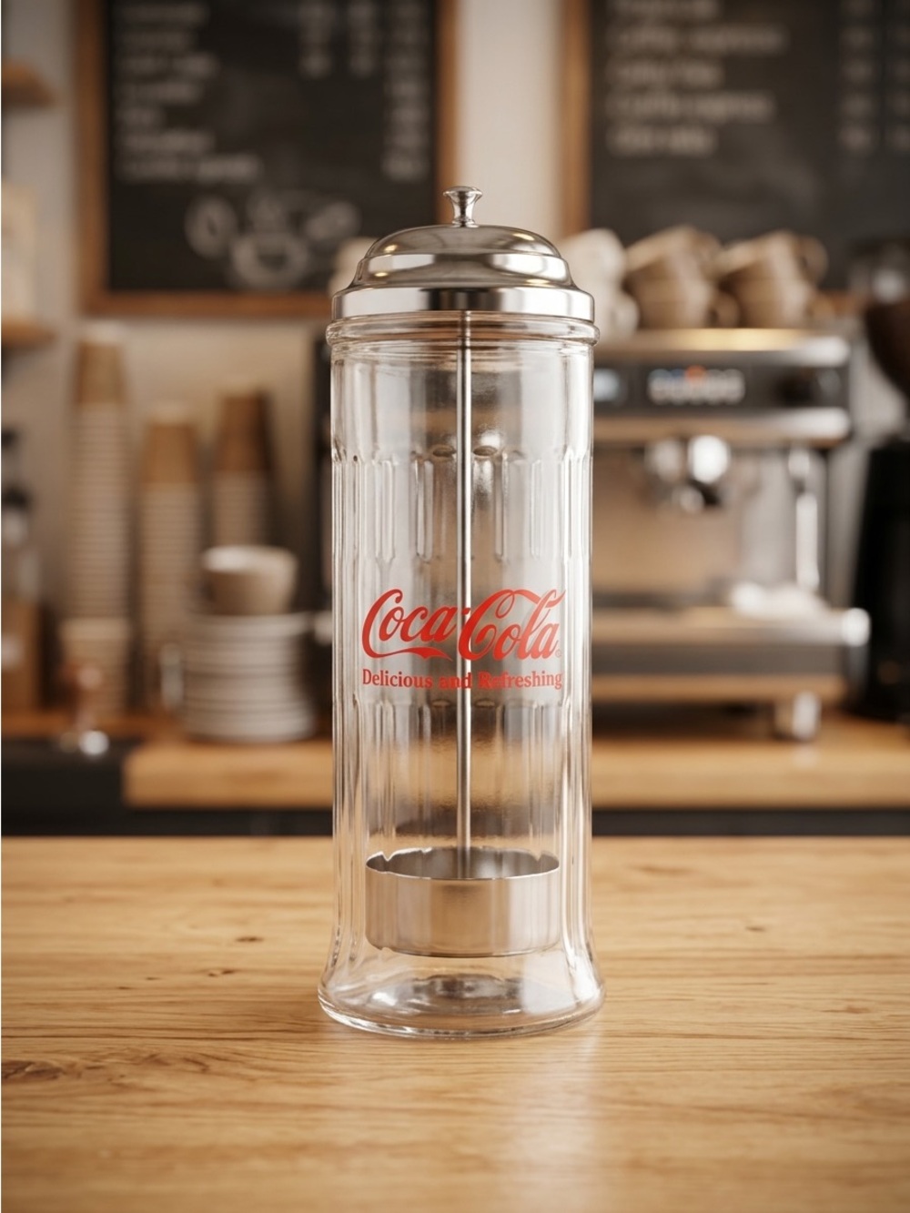 Coca Cola Clear Glass Dispenser with Red Logo and Stainless Top